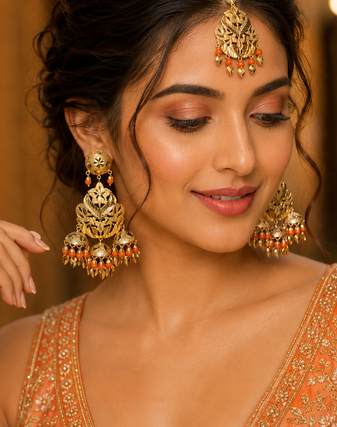 Orange leaf work earrings tikka set