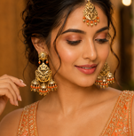 Orange leaf work earrings tikka set