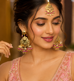 Pink leaf work earrings tikka set