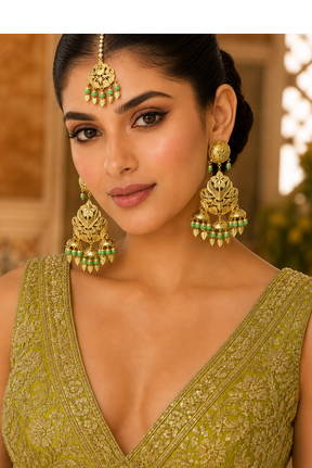 Parrot green leaf work earrings tikka set 1