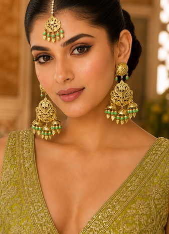 Parrot green leaf work earrings tikka set