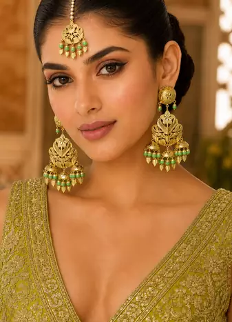 Parrot green leaf work earrings tikka set