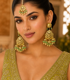 Parrot green leaf work earrings tikka set