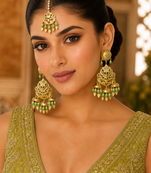 Parrot green leaf work earrings tikka set