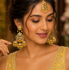 Yellow leaf work earrings tikka set