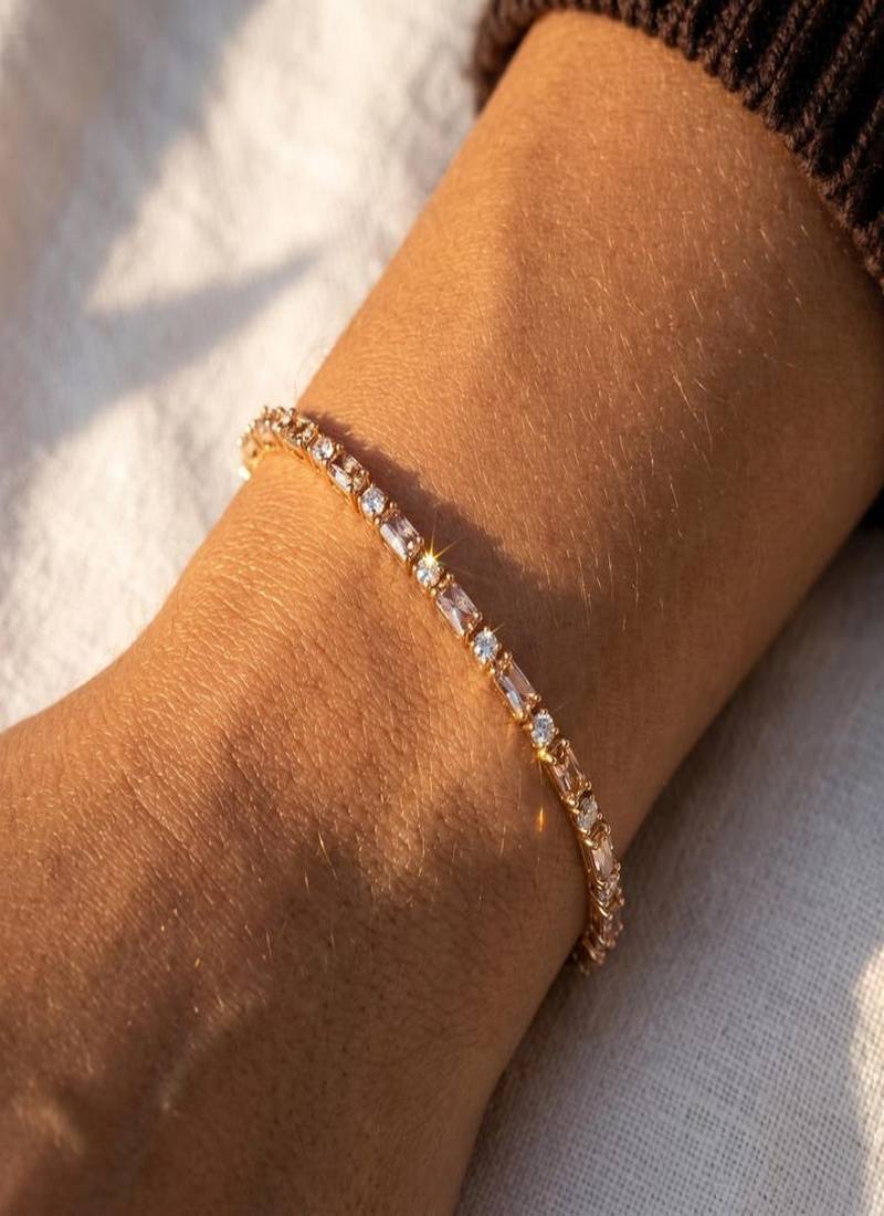 Elegant 925 Sterling Silver Tennis Bracelet with Sparkling Clear Stones and Gold-Plated Finish for Women