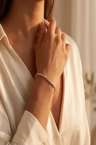 Elegant 925 Sterling Silver Tennis Bracelet with Sparkling Clear Stones and Gold-Plated Finish for Women
