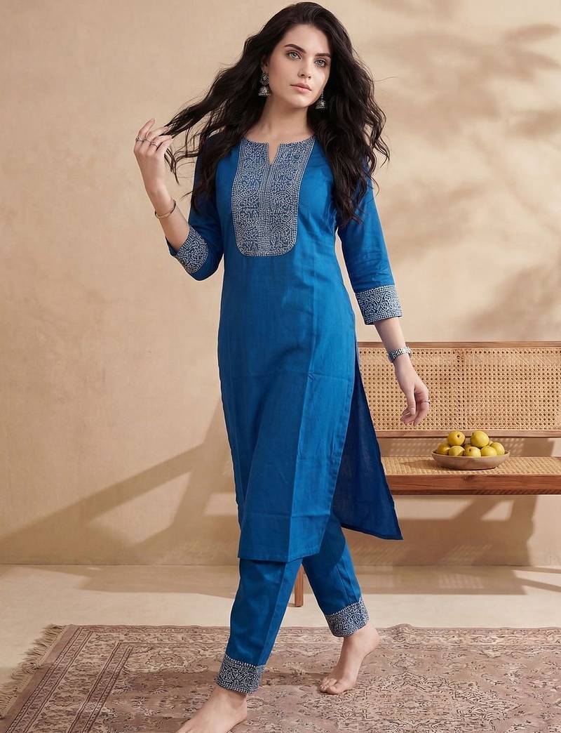 Women Ethnic Motifs Embroidered Regular Thread Work Kurta with Trousers