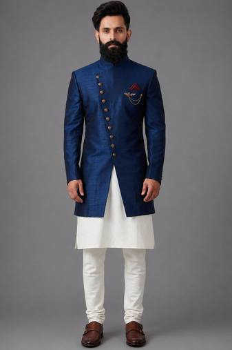 Navy blue art silk indo western set