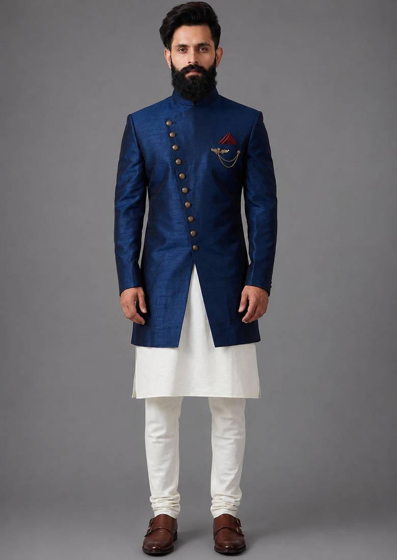 Navy blue art silk indo western set