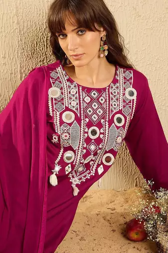 Women Ethnic Motifs Embroidered Regular Mirror Work Kurta with Trousers & With Dupatta