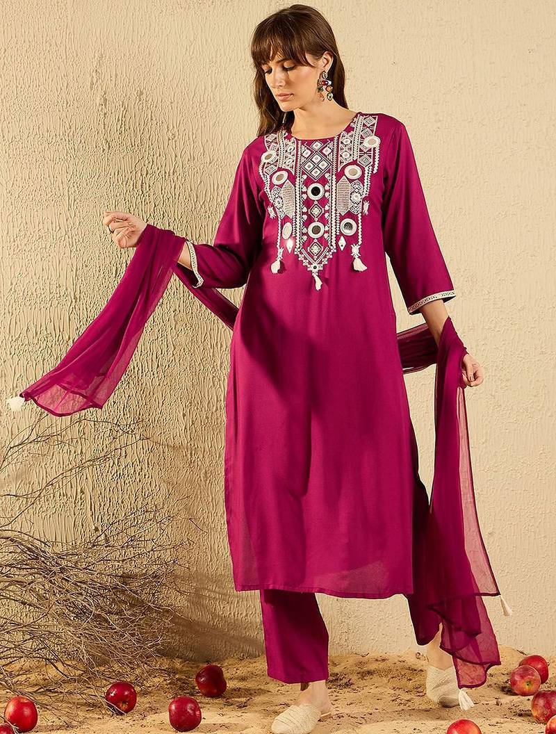 Women Ethnic Motifs Embroidered Regular Mirror Work Kurta with Trousers & With Dupatta