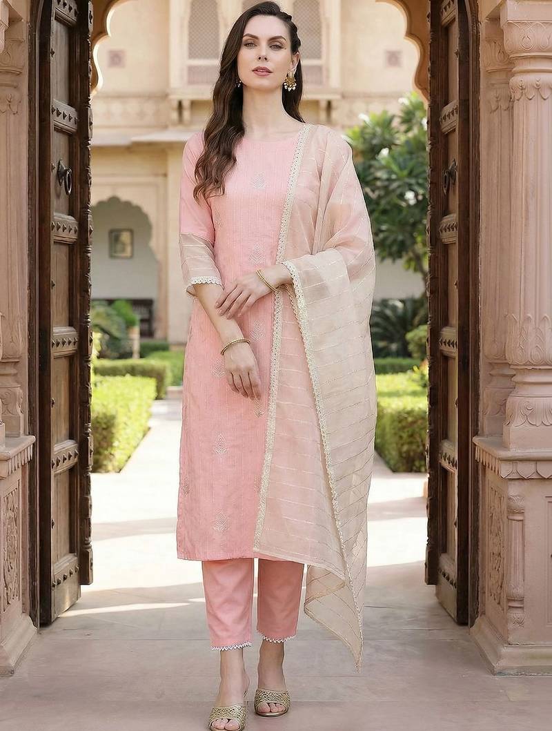 Women Regular Thread Work Kurta with Trousers & With Dupatta