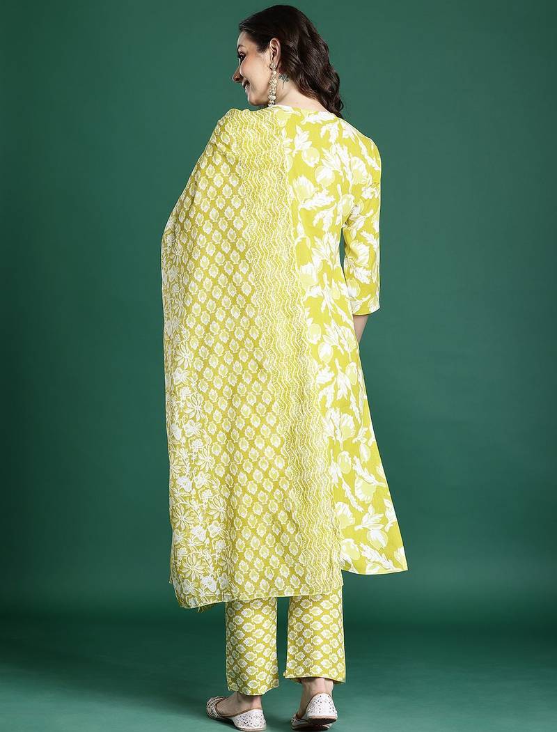 Floral Printed Regular Pure Cotton Kurta with Trousers & With Dupatta