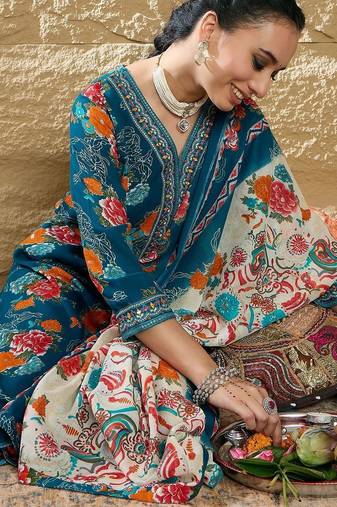 Floral Printed Mirror Work V-Neck Straight Kurta With Trousers And Dupatta