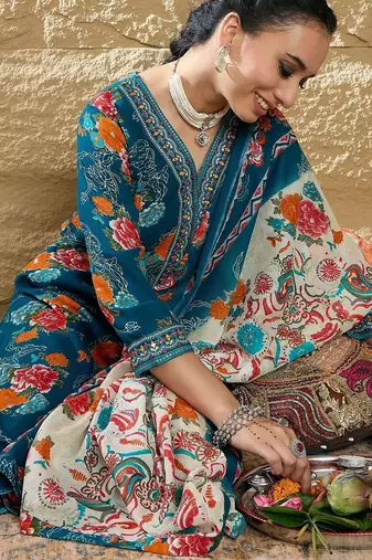 Floral Printed Mirror Work V-Neck Straight Kurta With Trousers And Dupatta
