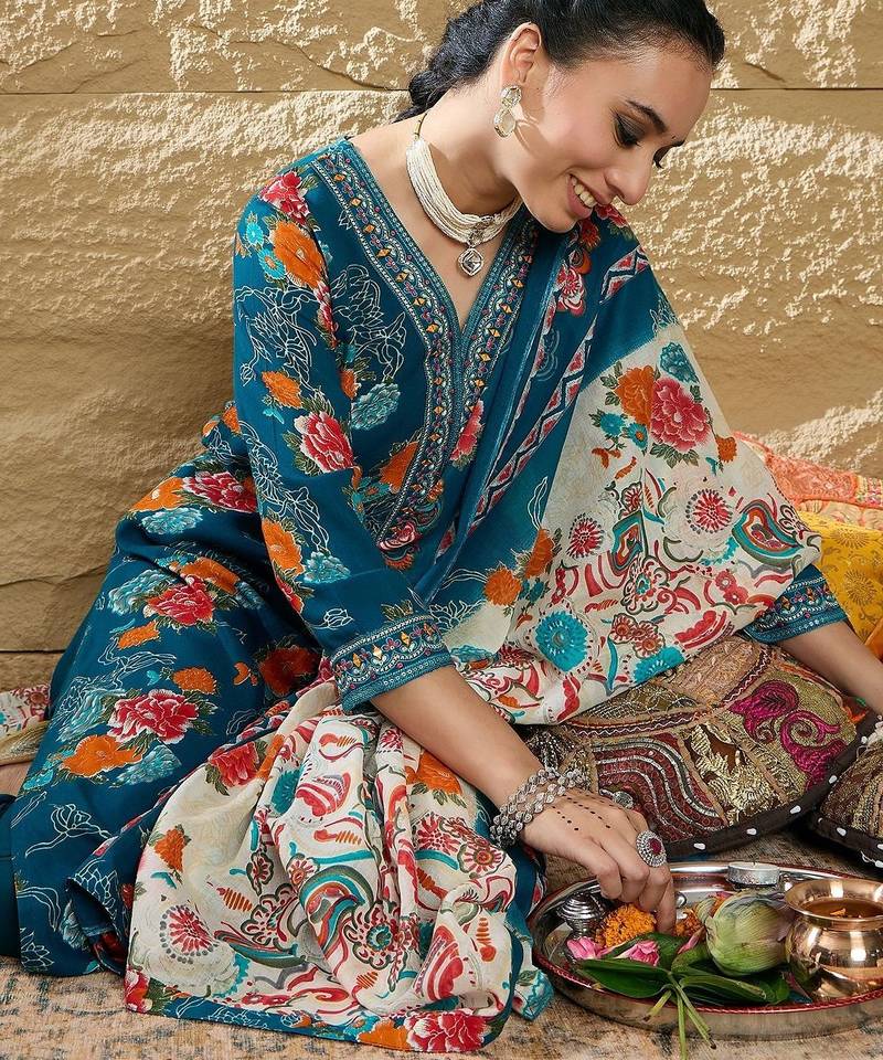 Floral Printed Mirror Work V-Neck Straight Kurta With Trousers And Dupatta