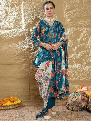 Floral Printed Mirror Work V-Neck Straight Kurta With Trousers And Dupatta 2