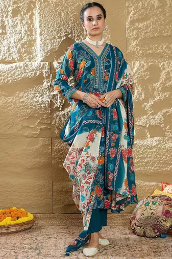 Floral Printed Mirror Work V-Neck Straight Kurta With Trousers And Dupatta