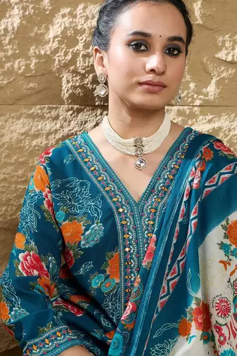 Floral Printed Mirror Work V-Neck Straight Kurta With Trousers And Dupatta