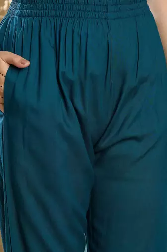 Floral Printed Mirror Work V-Neck Straight Kurta With Trousers And Dupatta