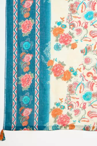 Floral Printed Mirror Work V-Neck Straight Kurta With Trousers And Dupatta