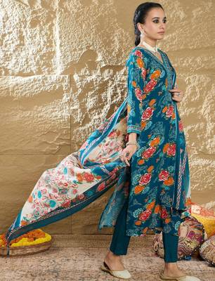 Floral Printed Mirror Work V-Neck Straight Kurta With Trousers And Dupatta 6