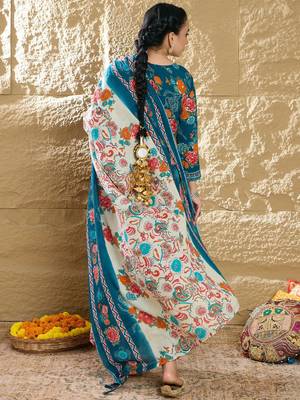 Floral Printed Mirror Work V-Neck Straight Kurta With Trousers And Dupatta 7