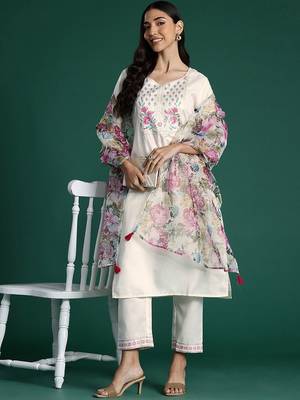 Yoke Design Zari Pure Cotton Kurta With Trousers & Dupatta 1