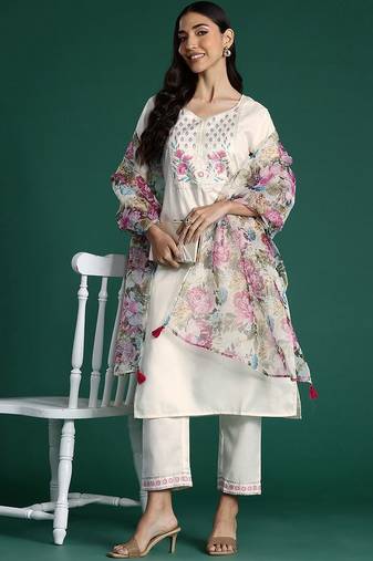 Yoke Design Zari Pure Cotton Kurta With Trousers & Dupatta