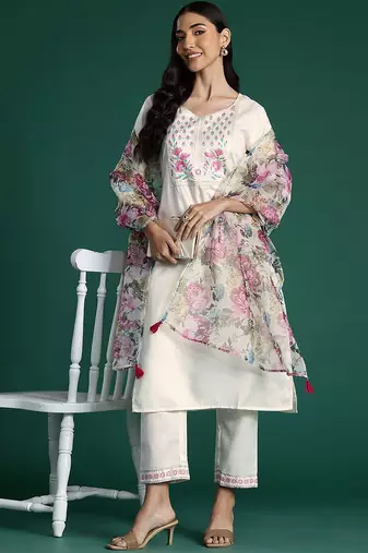 Yoke Design Zari Pure Cotton Kurta With Trousers & Dupatta