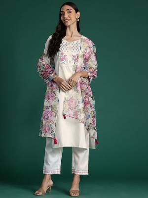 Yoke Design Zari Pure Cotton Kurta With Trousers & Dupatta 2