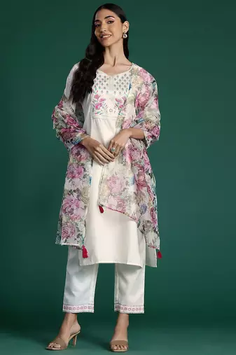 Yoke Design Zari Pure Cotton Kurta With Trousers & Dupatta