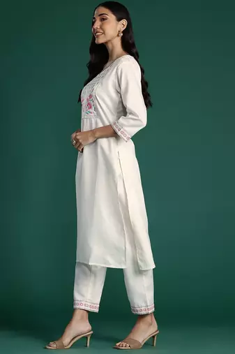 Yoke Design Zari Pure Cotton Kurta With Trousers & Dupatta