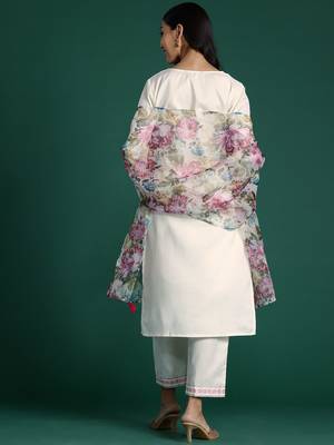 Yoke Design Zari Pure Cotton Kurta With Trousers & Dupatta 7