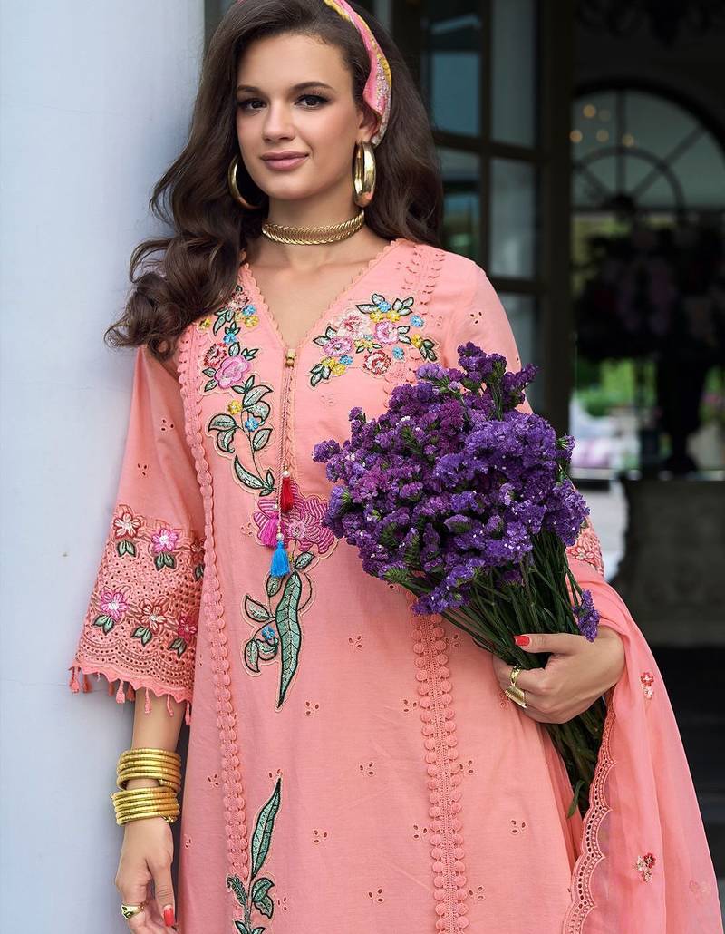 Women Floral Embroidered Regular Sequinned Pure Cotton Kurta with Trousers & With Dupatta