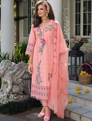 Women Floral Embroidered Regular Sequinned Pure Cotton Kurta with Trousers & With Dupatta 2