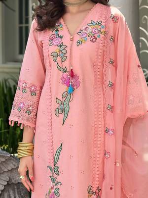 Women Floral Embroidered Regular Sequinned Pure Cotton Kurta with Trousers & With Dupatta 3