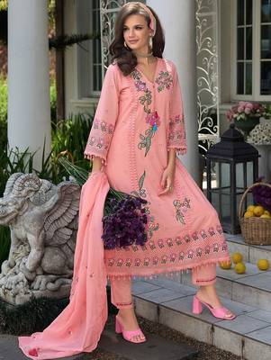 Women Floral Embroidered Regular Sequinned Pure Cotton Kurta with Trousers & With Dupatta 4