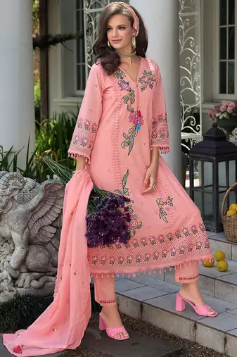 Women Floral Embroidered Regular Sequinned Pure Cotton Kurta with Trousers & With Dupatta