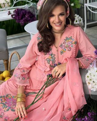 Women Floral Embroidered Regular Sequinned Pure Cotton Kurta with Trousers & With Dupatta 5