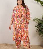 Plus Size Paisley Printed Panelled Pure Cotton Kurta with Trousers