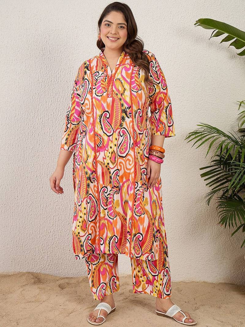 Plus Size Paisley Printed Panelled Pure Cotton Kurta with Trousers