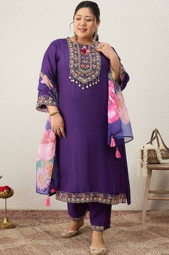 Plus Size Purple Embroidered Straight Kurta Trousers With Dupatta Set