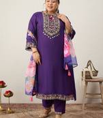 Plus Size Purple Embroidered Straight Kurta Trousers With Dupatta Set