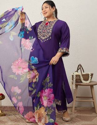 Plus Size Purple Embroidered Straight Kurta Trousers With Dupatta Set 2