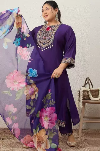 Plus Size Purple Embroidered Straight Kurta Trousers With Dupatta Set