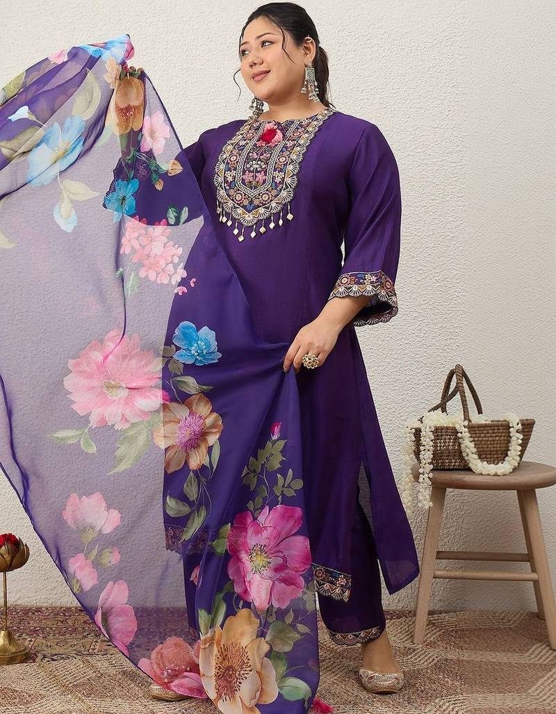 Plus Size Purple Embroidered Straight Kurta Trousers With Dupatta Set