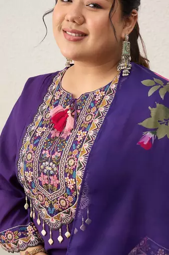 Plus Size Purple Embroidered Straight Kurta Trousers With Dupatta Set