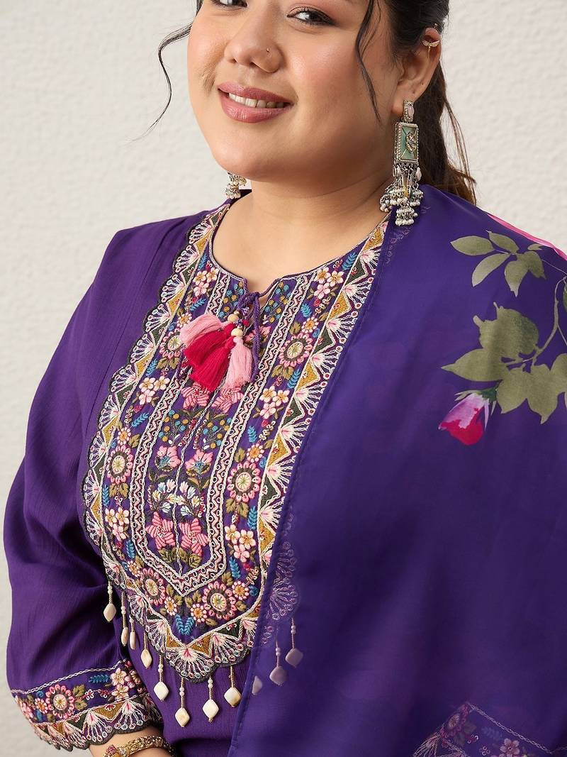 Plus Size Purple Embroidered Straight Kurta Trousers With Dupatta Set